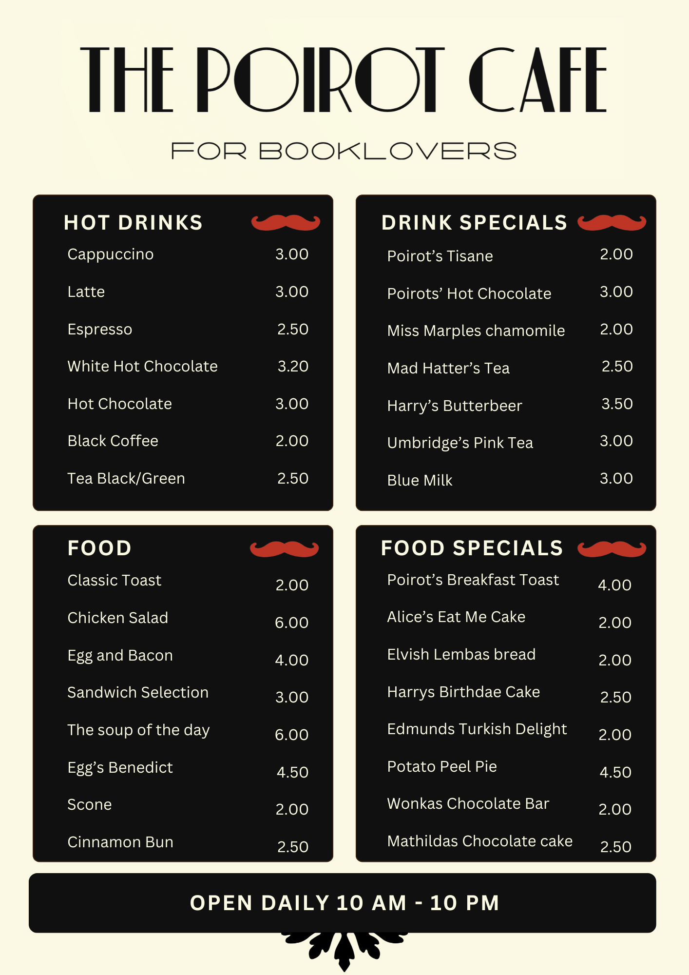 The Poirot café menu: Hot drinks, Drink specials, food and food specials. Literature inspired menu.