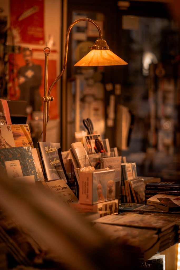 Inside a warm and cozy bookshop